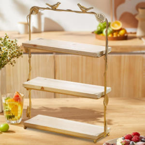 3 Tier Wooden Top Dessert Display Tray With Metal Frame