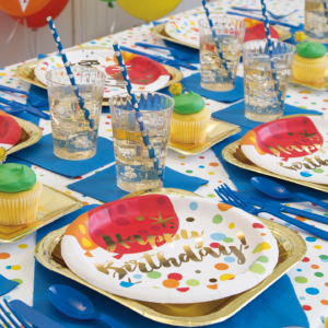 Glitzy Gold Birthday Table Cover, Cups & Plate