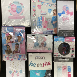 Gender Reveal Center Piece, Photo Booth, Balloons & more