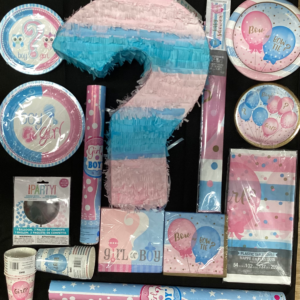Gender Reveal Plates, Napkins, Balloons, Poppers, Piñatas & more