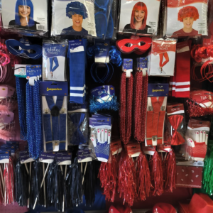 Blue And Red - Wig, Cowboy Hat, Suspenders, Bow Tie, Beads, Tights, Socks, Mask, Gloves, Pom-Poms And More