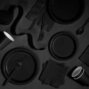Black Party Pack – Table cover, Plates, Napkin, Cups, Fork & Butter Knife