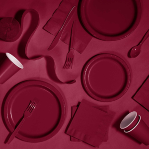 Burgundy Party Pack – Table cover, Plates, Napkin, Cups, Fork & Butter Knife