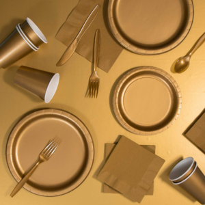 Gold Party Pack – Table cover, Plates, Napkin, Cups, Fork & Butter Knife