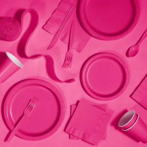 Hot Pink Party Pack – Table cover, Plates, Napkin, Cups, Fork & Butter Knife