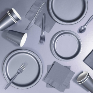 Shimmering Silver Party Pack – Table cover, Plates, Napkin, Cups, Fork & Butter Knife